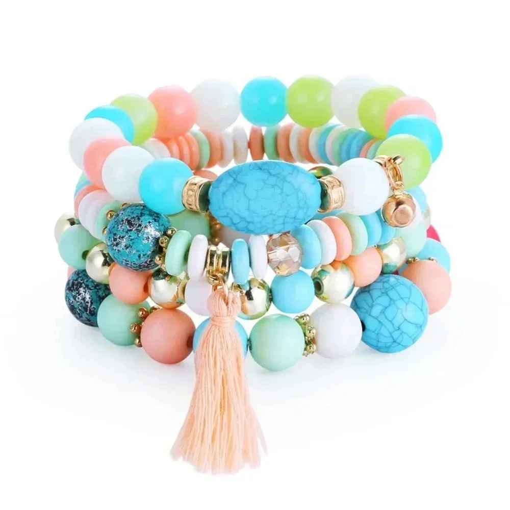 Multilayered Blue & Pink Bohemian beaded tassel Charm Bracelet